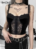 insdoit gothic lace patchwork black camis women velvet sleeveless summer dark corset crop top punk backless sexy slim camisole