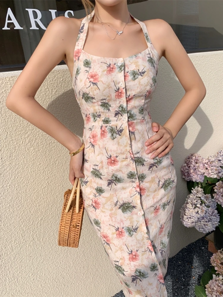 

Summer Women Fashion Halter Sexy Backless Print Midi Dress Sleeveless Party Bodycon Slim Beach clothes Vestido
