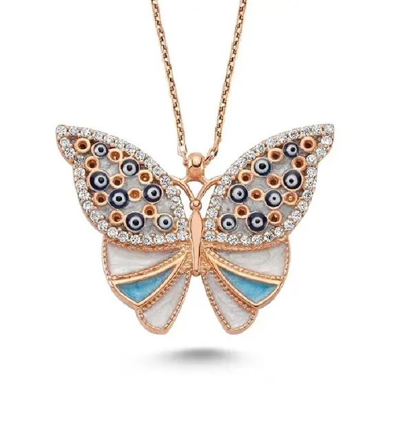 

Blue Enamel Glaze Butterfly Necklace 925 Sterling Gold Plated Handmade