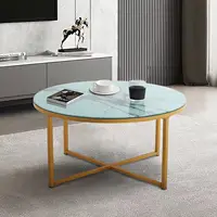 Cross Legs Glass Coffee Table with Metal Base Marble White/Black Top and Golden[US-W]