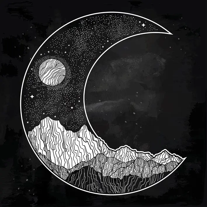 

Curtain Mountains Full Moon and Stars Night Sky in Crescent Shape on Dark Background Mystic Artwork Black White