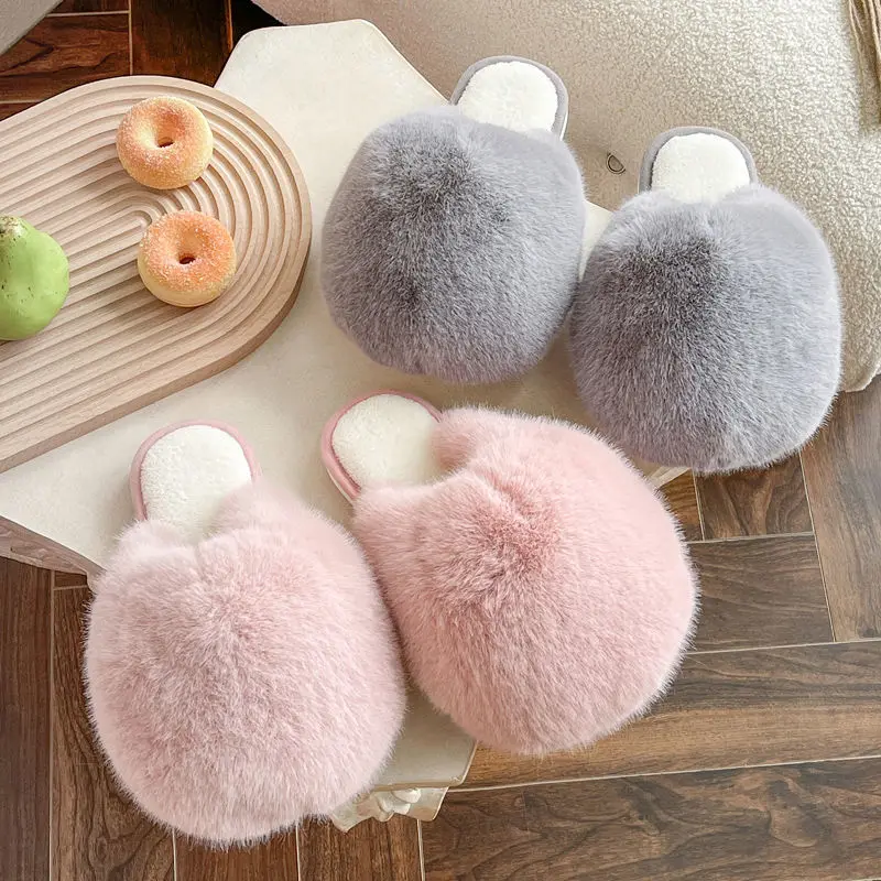 Шлепанцы женские из искусственного кроличьего меха пушистые сандалии с закрытым