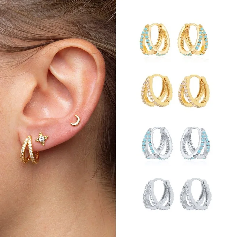 

AIDE 925 Sterling Silver Hoop Earrings for Women 2 Row Turquoise Zircon Piercing Earings Fine Jewelry pendientes Gift kolczyki