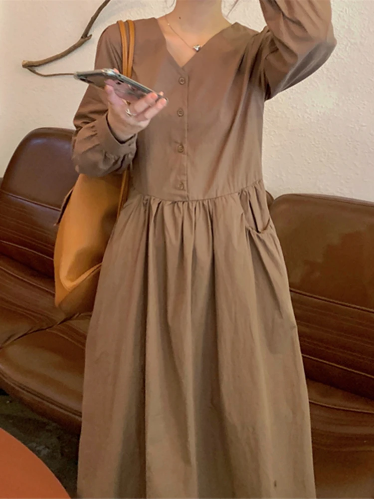 

Spring Women Fashion Causal Midi Dress V-Neck Lace-Up Office Lady Dress Female Solid A-Line Dress
