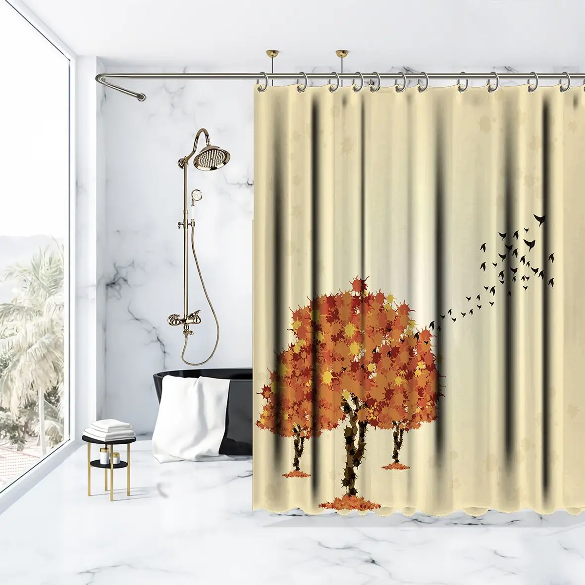 Занавески для душа Осенние деревья и птицы летающие в Южную сельскую природу