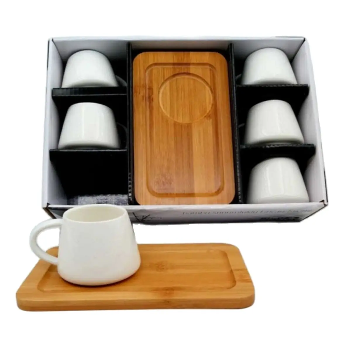 White Porcelain Bamboo Coffee Cup Set 6 Person Mug Stylish Tea Gift Hot Beverage Box Set Wooden Tray