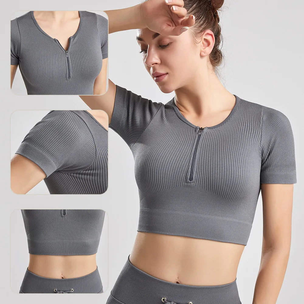 

2022 Short Women Sport Jacket Zipper Yoga Coat Quick Dry Fitness Jacket Running Sportwear thread Gym Workout Short sleeve Top