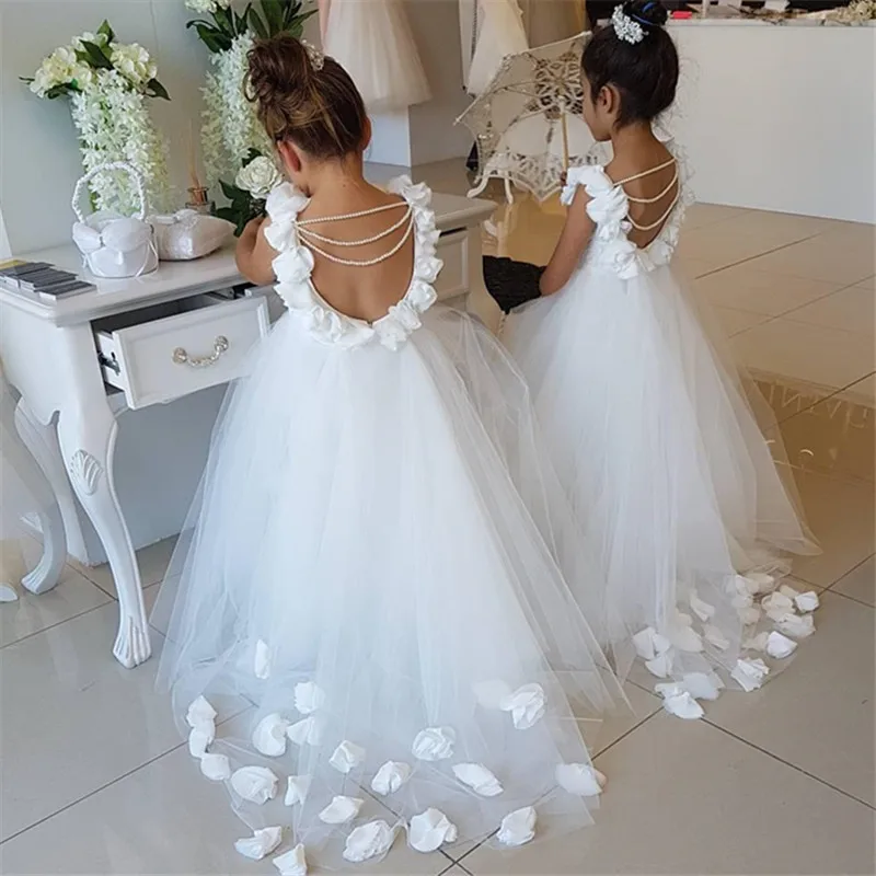 

Lace Tulle Flower Girl Dresses Kids Ivory Pearls Appliques Celebrity Dress Backless Halter Girl Prom Dress Baby Girl Dress