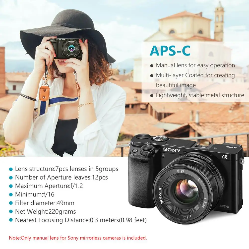 Neewer 35 мм F1.2 Большая диафрагма Prime APS C алюминиевый объектив для Sony E крепление