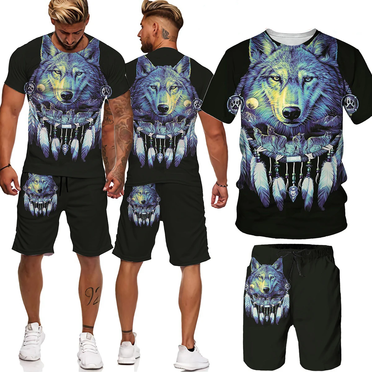 

2021 summer new men's sets 3D printingRetro round neck T-shirt casual sports short-sleeved running fashion shorts suit