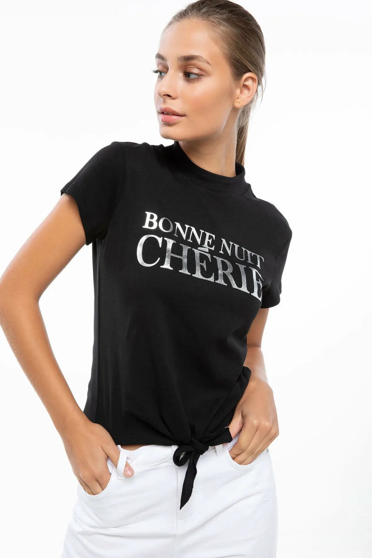 DeFacto женская летняя и осенняя классная черная футболка Женская Повседневная