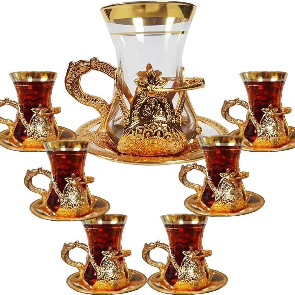 

WONDERFUL GORGEOUS Glass Turkish Tea Cups Set of 6 and Saucers with Handle Arabic Ottoman Decors for serving and drinking housew