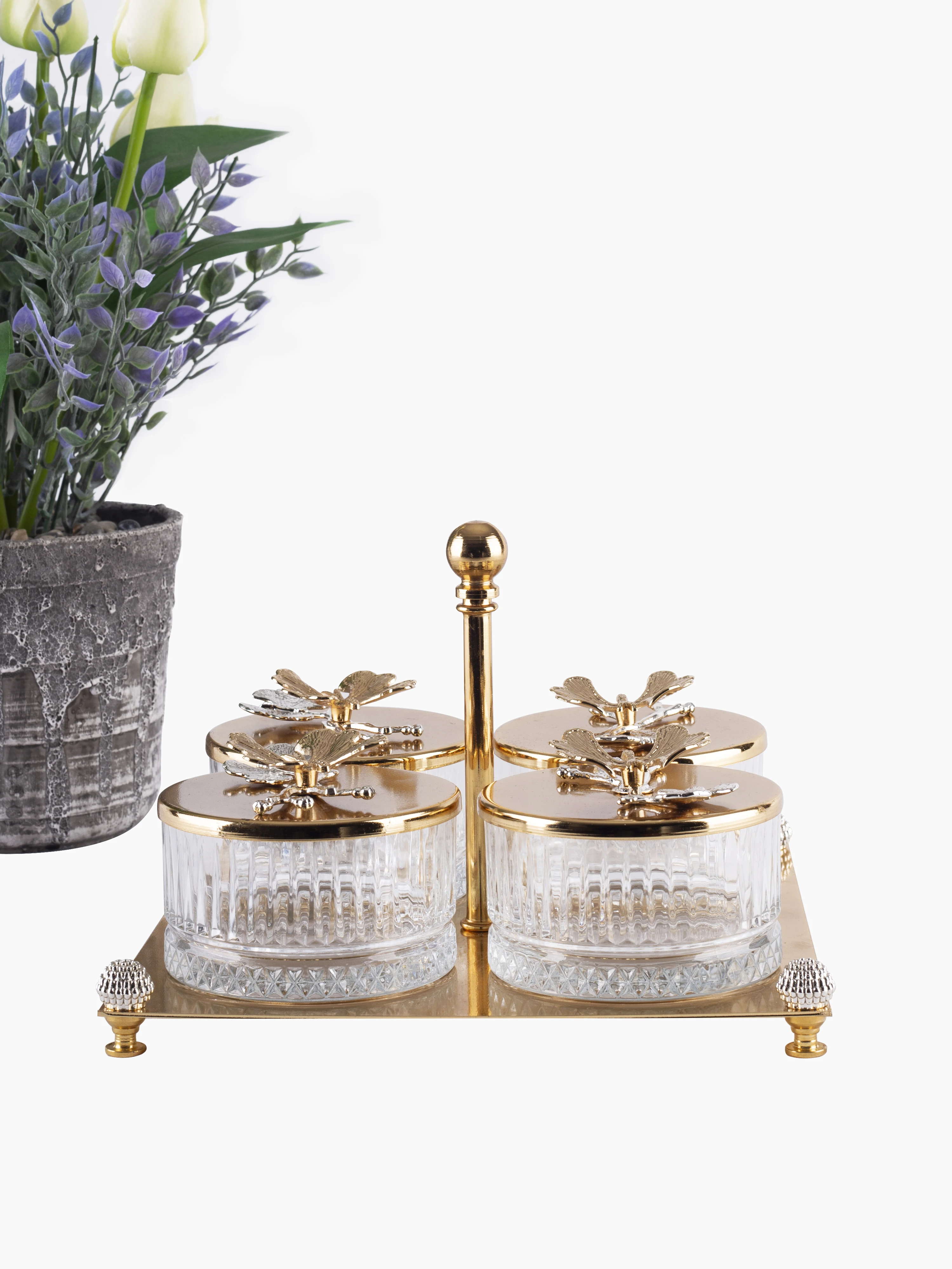 

4 Compartment Snack Nuts Chocolate Service Set Butterfly Lids Desing Home Kitchen Living Room Decorative Accessories New Decor