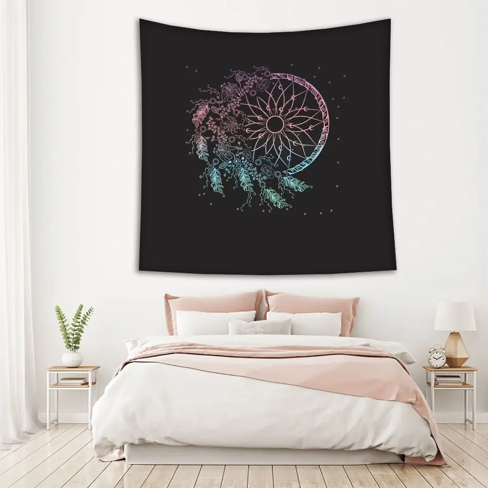 Гобелен Ловец снов перья цветы узор звездная ночь небо богемный стиль