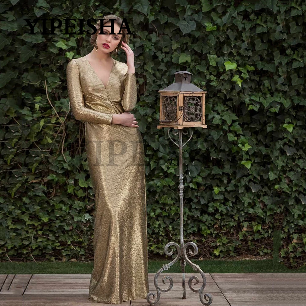 

Simple V-Neck Mermaid Sequined Gold Evening Dresses Long Sleeve Floor-Length Prom Party Gown robes de soirée vestidos de fiesta