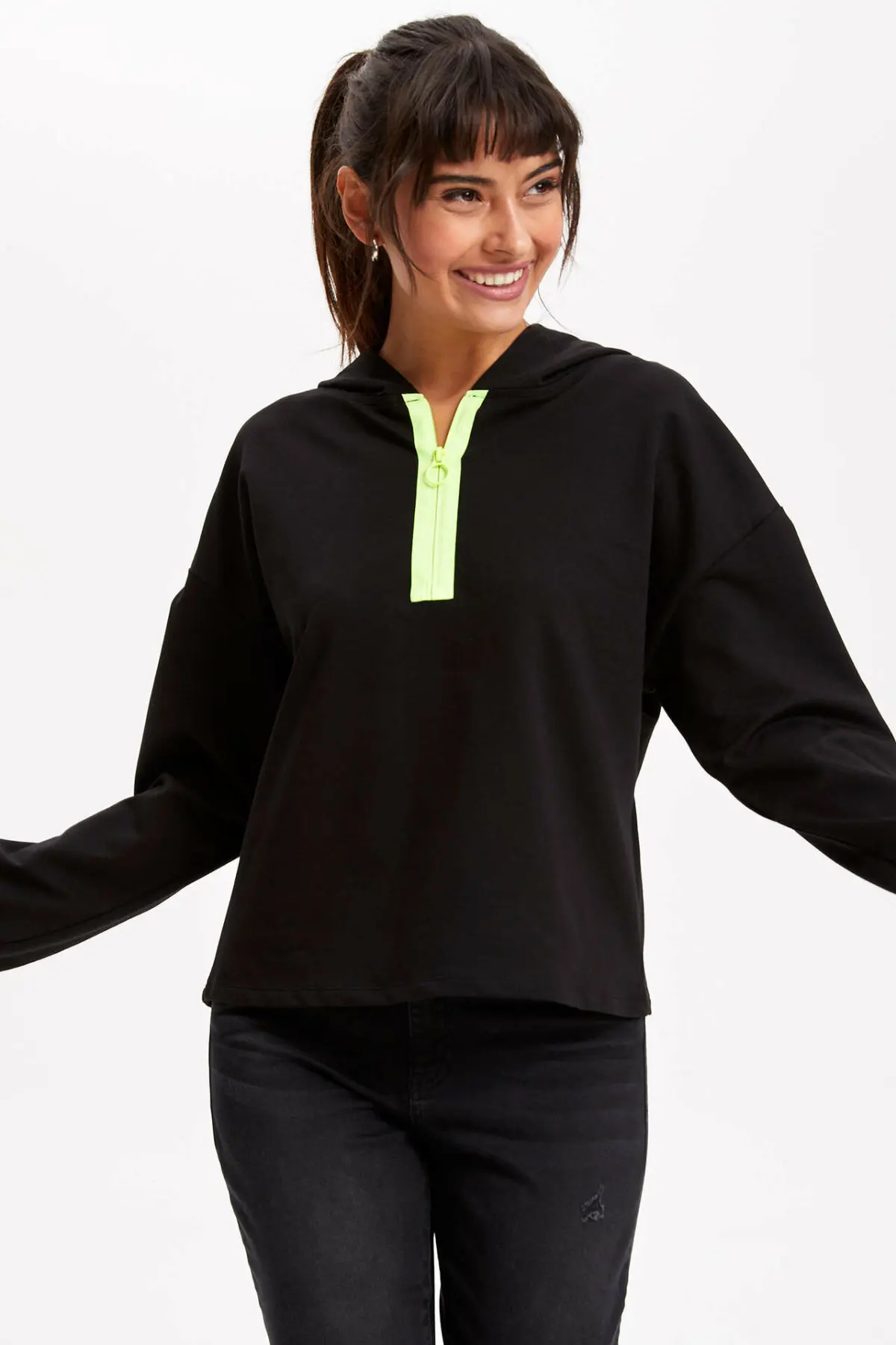 DeFacto женские крутые черные толстовки с капюшоном неоновые декорации свитшоты