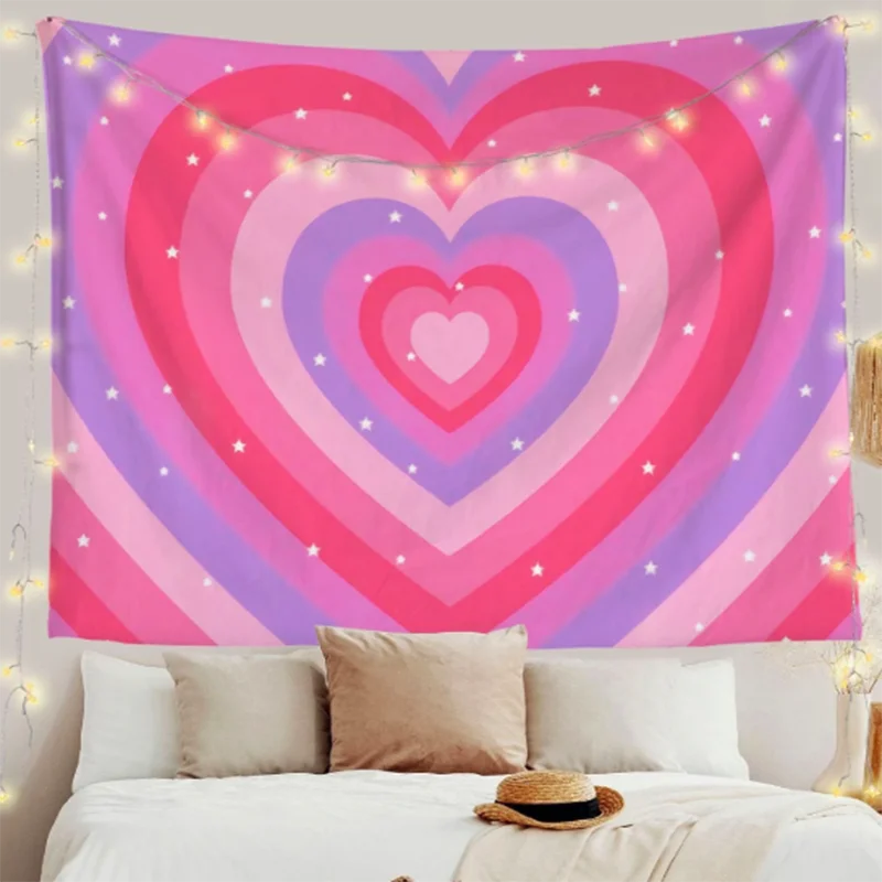

Heart Star Print Tapestry Couple Dormitory Pink Aesthetic Style Hippie Boho Wall Tapestries Mandala Fabric Mat Living Room Deco