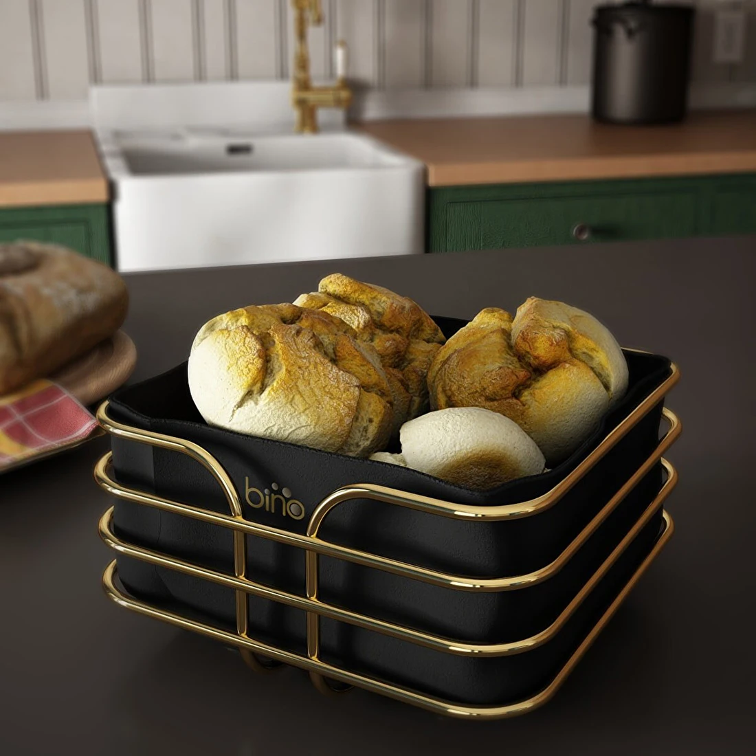 

Kare Breadbox Bread Bakery products Sepeti Lux Gold Basket Black Washable Fabric Stainless Plated Metal Steel High Brightness