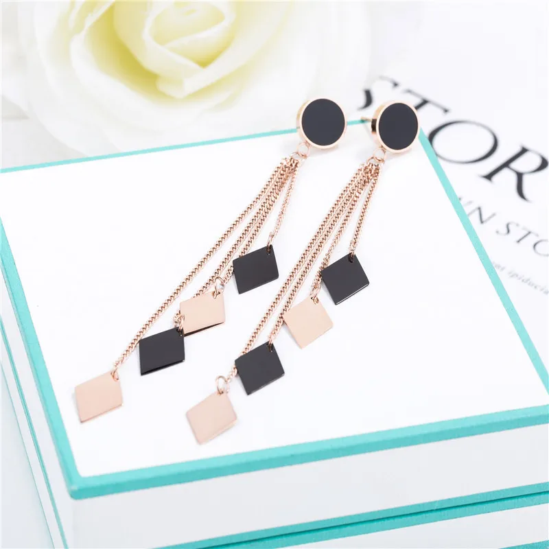 Модные корейские длинные висячие серьги из нержавеющей стали черного розового