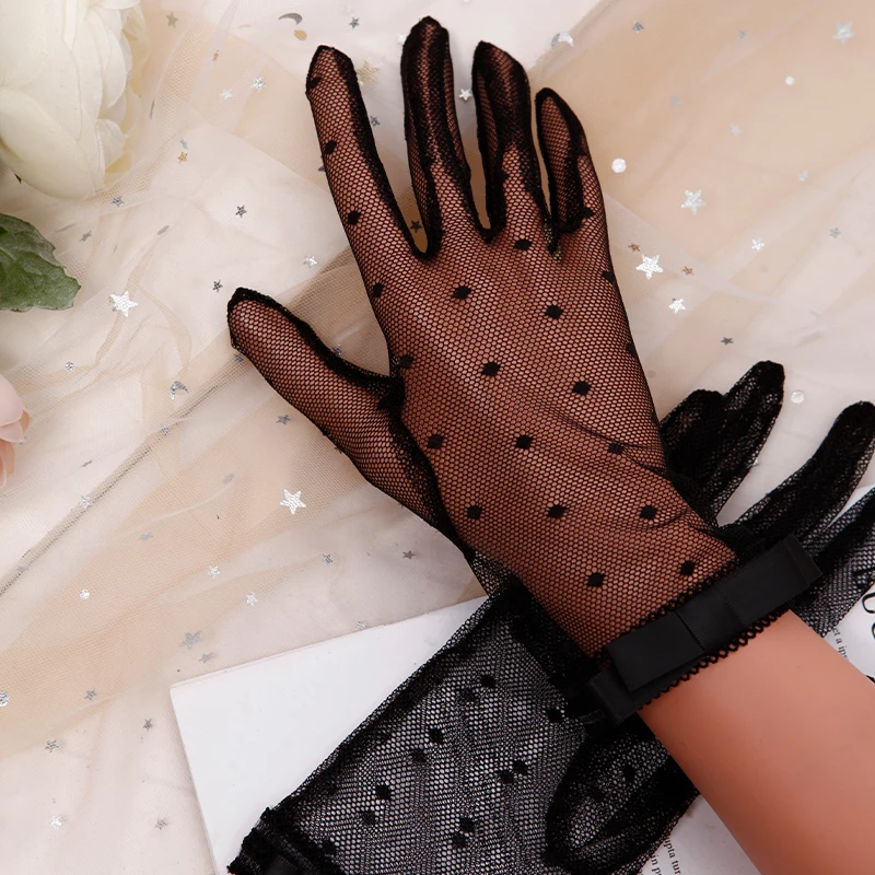

Sexy Black Sheer Dots Summer Women Thin Section Gloves Elegant Ladies Lace Sunscreen Gloves Mitten Fashion Mesh Evening Gloves