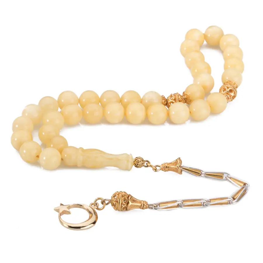 

Honey Colored Original Amber Rosary (Tasbih) with Crescent Star Tassel Fashion Turkish Premium Quality Handmade Jawelery