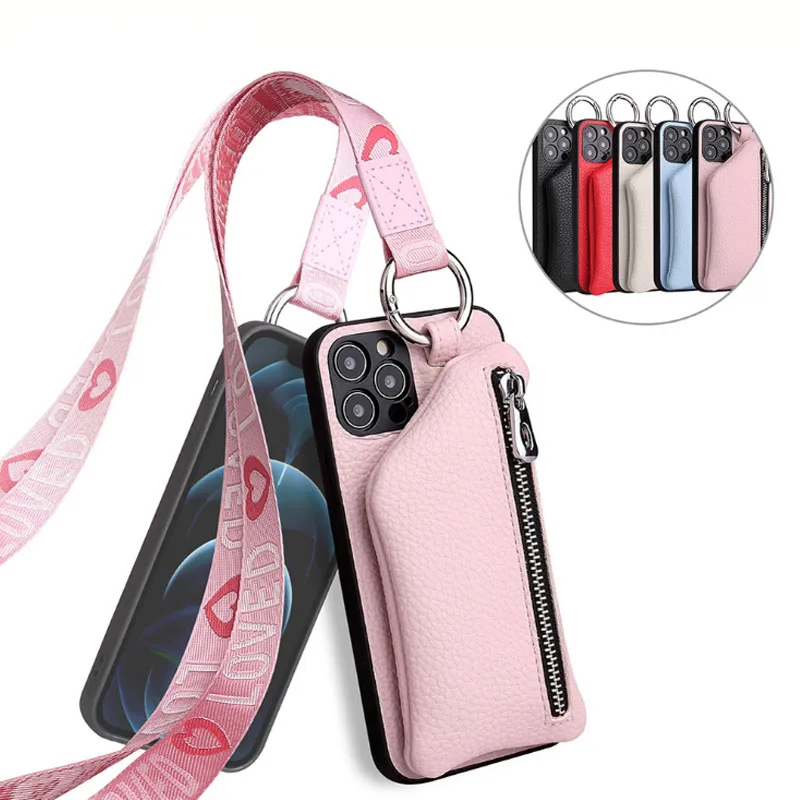 

for iPhone12 Pro Max XS X XR SE 11 Pro Max 6 6S 7 8 Plus Leather Zipper Coin Walle Phone Case Cover with Lanyard