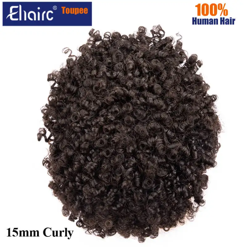 Male Hair Prosthesis 15mm Curly Toupee Men High Quality 0.06-0.08mm PU Wigs For Men 100% Natural Human Hair System Unit Male Wig