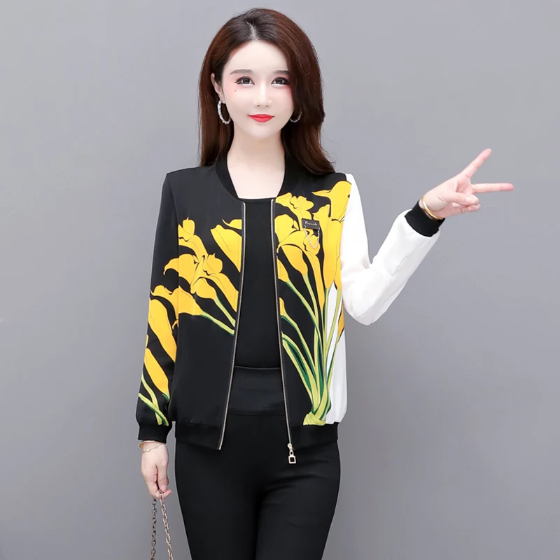 

Women Jackets Retro Floral Printed Ladies Zipper Up Bomber Outwear Spring Long Sleeve Short Thin Slim Casual Pocket Biker Coats