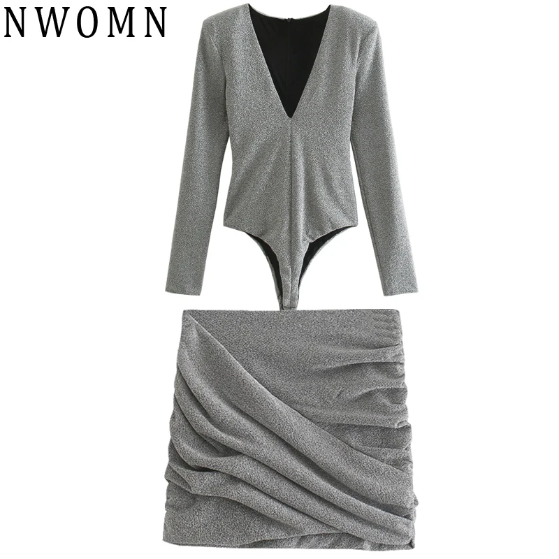 

NWOMN Za Pleated Skirt Women 2021 Grey Short Skirt Woman Ruched Fashion Metal Mini Skirts Sexy Party Club High Waist Wrap Skirt