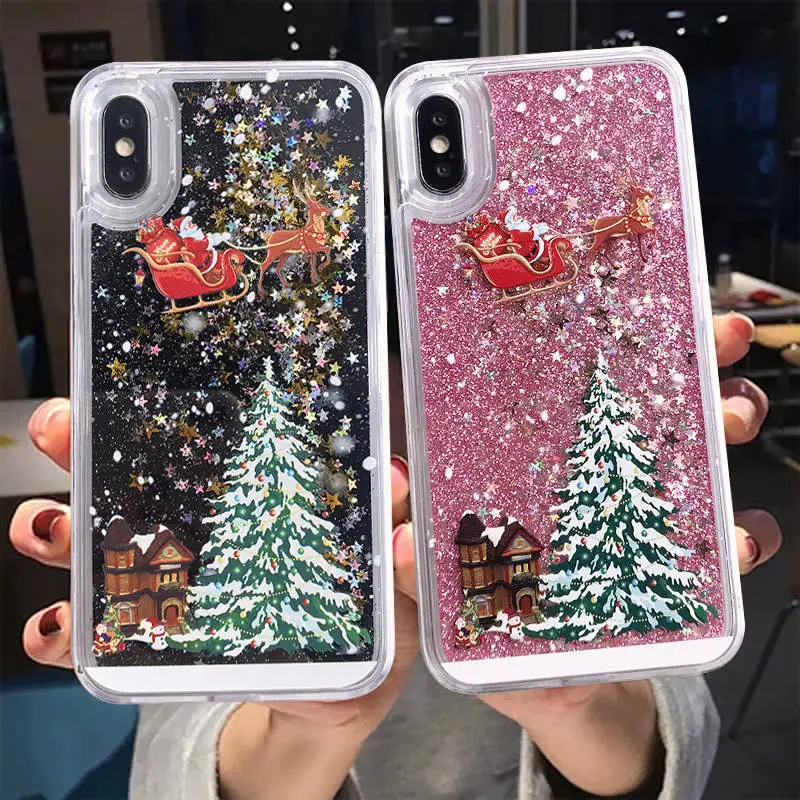 

Merry Christmas Phone Case For iPhone 12 11 SE 2020 11Pro Max XR XS Max X 7 8 6S plus 11Pro Dynamic Quicksand Glitter Back Cover