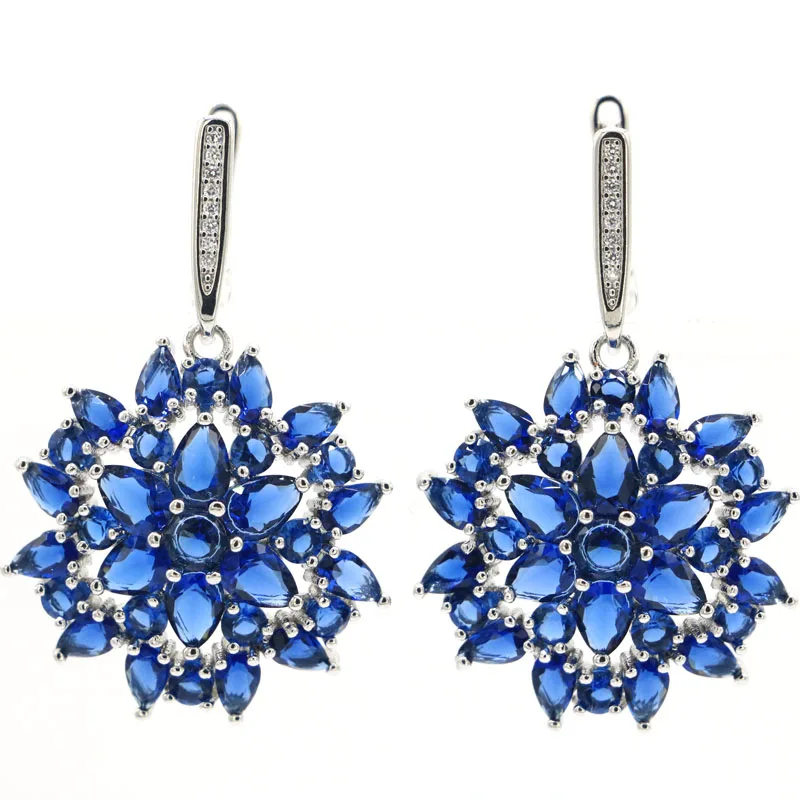 

40x26mm European Design Big Size 7.9g Tanzanite Blue Aquamarine CZ Ladies Wedding Silver Earrings Eye Catching