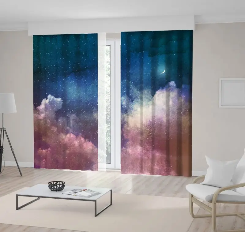 

Curtain Clouds New Moon and Stars Planets Mysterious Universe Romantic Space View Printed Purple Blue Pink