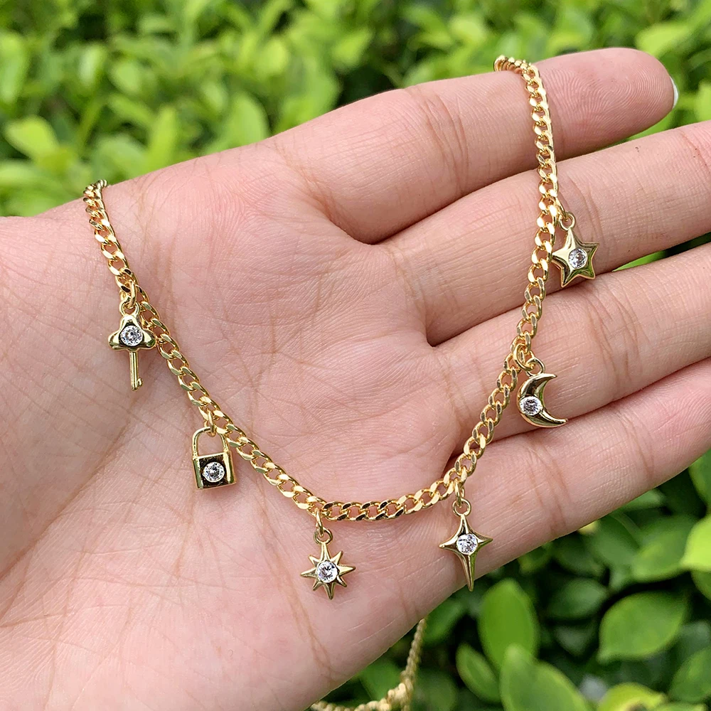 

Key/Lock/Star/Moon CZ Micro Insert Gold-plated Mini Pendant Brass Cuba's Chain Necklace Suitable For Anniversary/Birthday Gifts