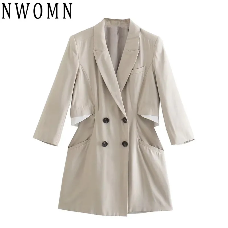 

NWOMN Za Cut Out Dress Women Mini Blazer Dress Woman Autumn Long Sleeve Short Dresses 2021 Office Pocket Button Up Casual Dress