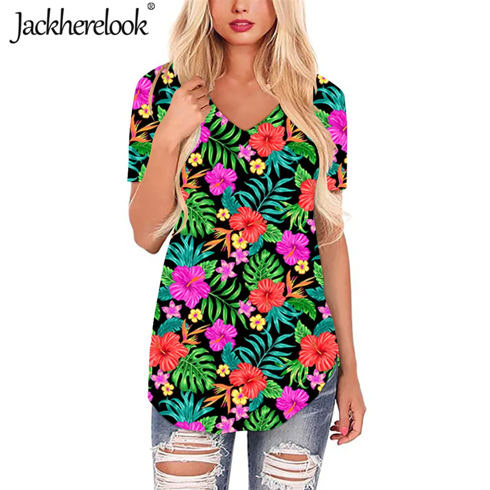 

Jackherelook Casual Loose Tops Hawaiian Hibiscus Tropical Floral Pattern Woman Blouse Short Sleeve Shirt Blusas Camisas Mujer