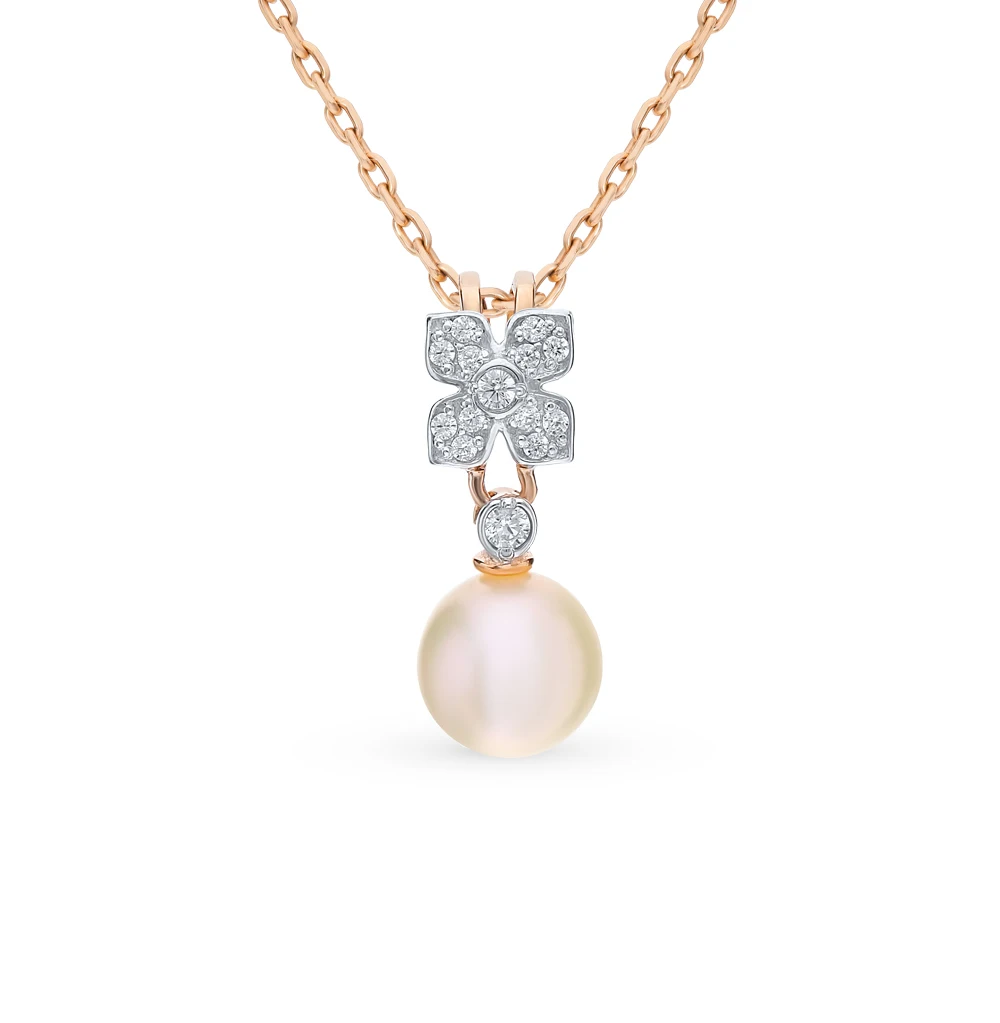 Золотая подвеска с фианитами и жемчугом SUNLIGHT проба 585 | Украшения аксессуары