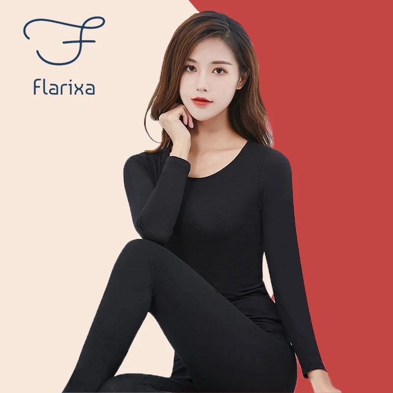 Flarixa Winter Women's Thermal Underwear Sets Modal Round Neck Slim Bottoming Seamless Autumn Clothes Long Johns 2 Pcs Warm Suit