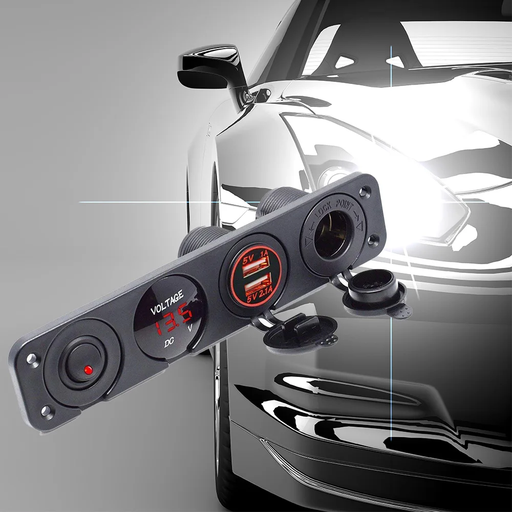 

4 Holes Switch Panel Dual 2.4A USB Ports Fast Charger+LED Voltmeter+12-24V Power Socket + On-Off Switch for Car Marine Boat