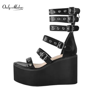 Onlymaker Platform Sandals Women Matte Black Cover Heel Rivet Buckle Hollow Open Toe Zipper Big Size