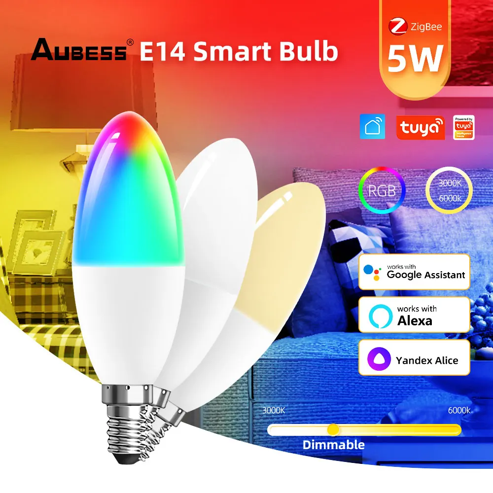 

Светодиодсветильник лампа Aubess Tuya Zigbee 3,0 с Wi-Fi, лампа с регулируемой яркостью E14 RGB + CCT 5 Вт, работает с приложением Яндекс Алисы, Alexa, Google Home