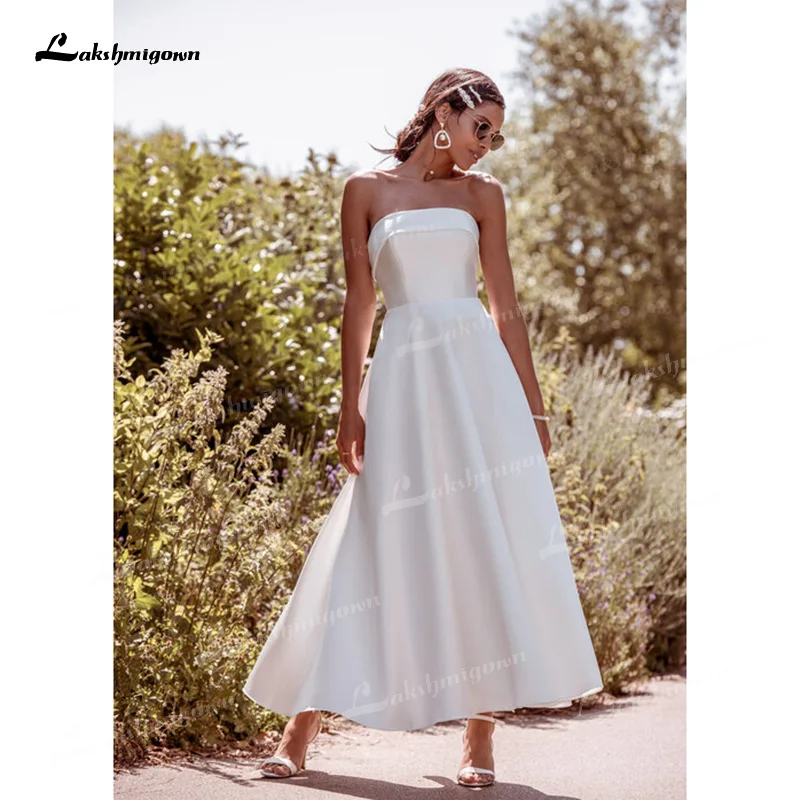 

Modern Simple A-Line Soft Satin Wedding Dresses Strapless Off The Shoulder Sleeveless Open Back-Zipper Ankle-Length Bride Gowns