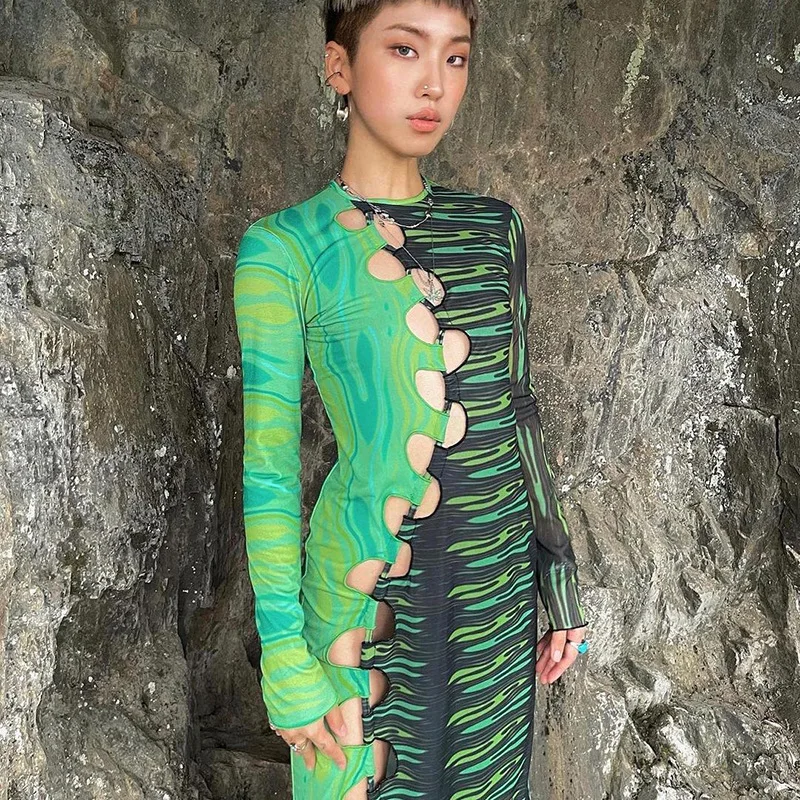

New Style High Street Printed Hollow Out Hole Long Sleeve Maxi Dresses For Women