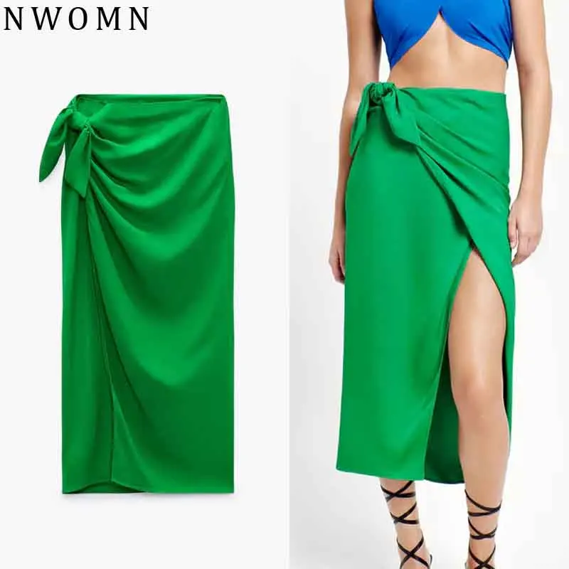 

NWOMN Za Women Skirt Wrap Long Skirts Fashion Knot Green Skirt Woman Summer Basic Elegant High Waist Midi Ruched Split Skirts