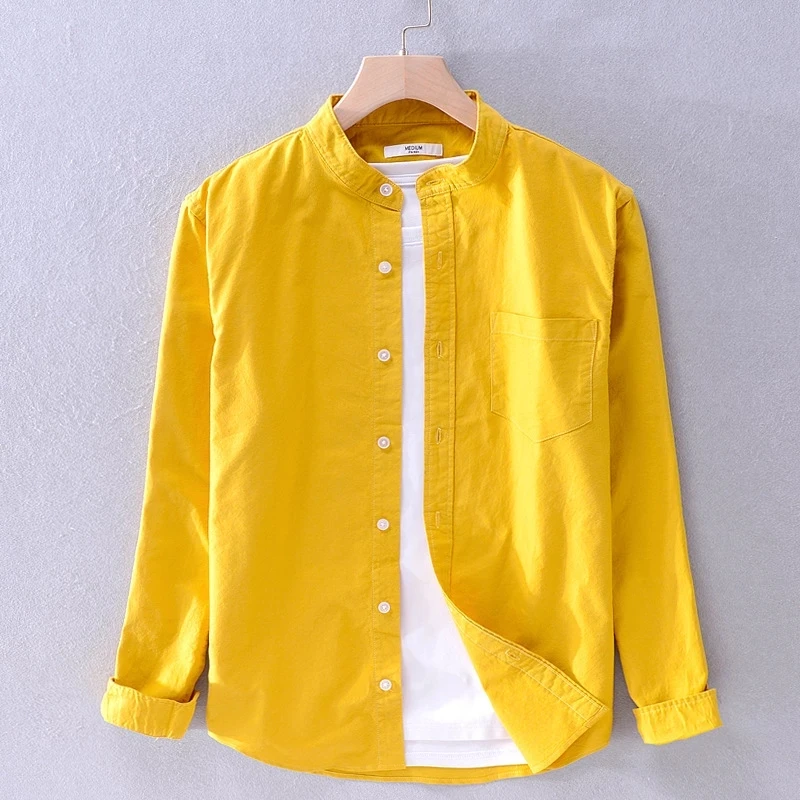 

Camisa de manga larga de algodón puro para hombre, Tops informales de cuello alto amarillo, ropa de Color sólido, Y3170, novedad