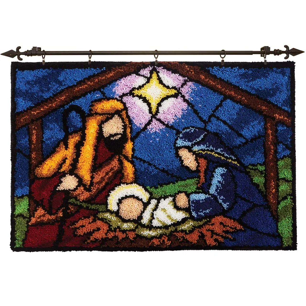 

Latch Hook Rug Stained Glass Nativity Wall Tapestry DIY Carpet Rug Pre-Printed Canvas with Non-Skid Backing Floor Mat 102x69cm