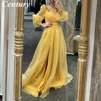 yellow beading prom dresses v neck long sleeves prom gowns beads a line wedding party dresses high split formal evening gowns