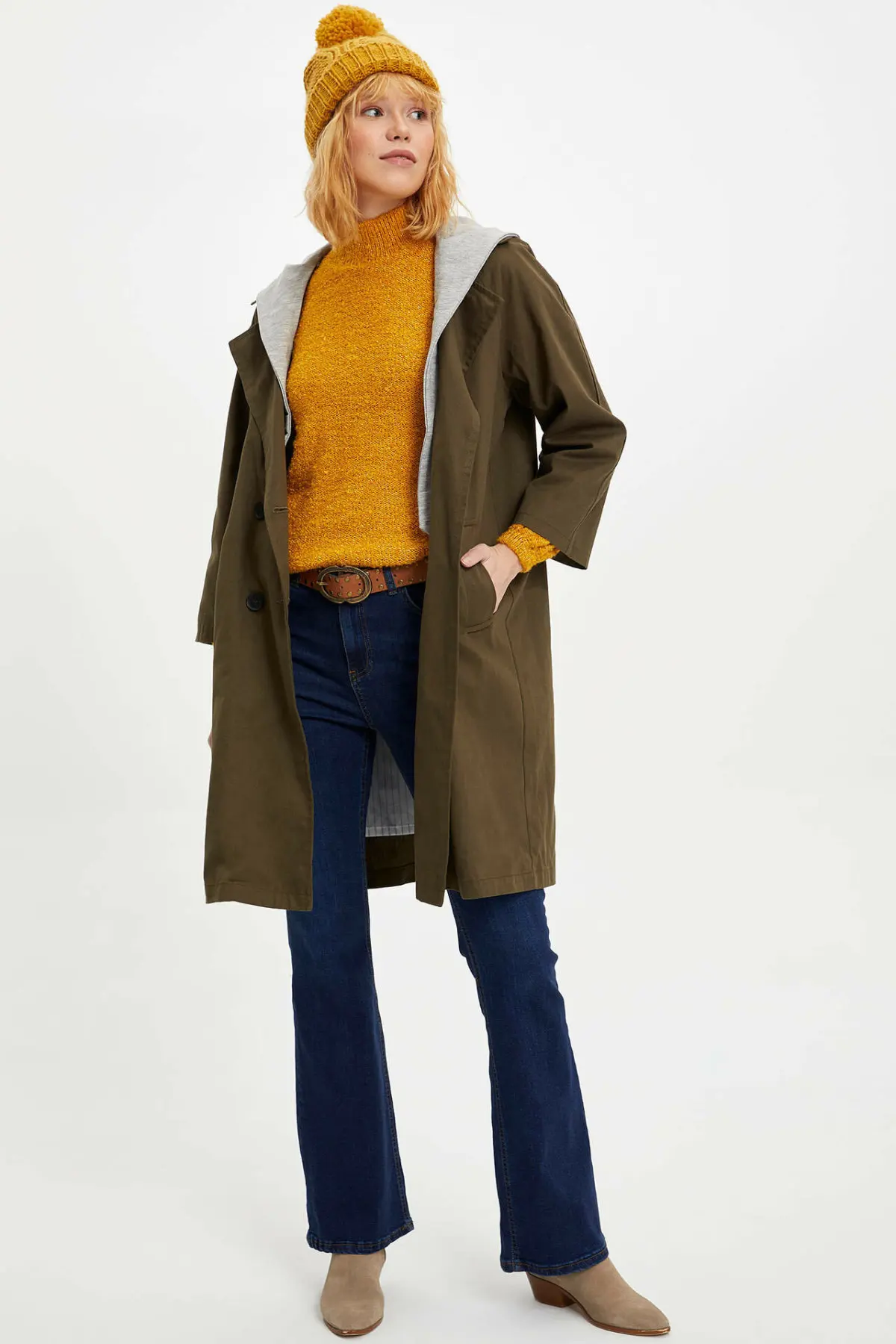 Дефакто Женская Повседневная парка с капюшоном светильник куртки на пуговицах