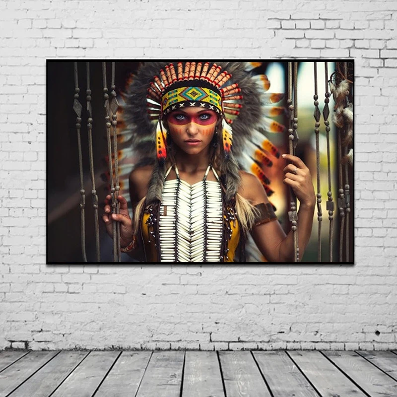 

Indian Woman With Feather Hat Canvas Painting Wall Art Tribe Princess Portrait Poster Prints For Living Room Modern Home Decor