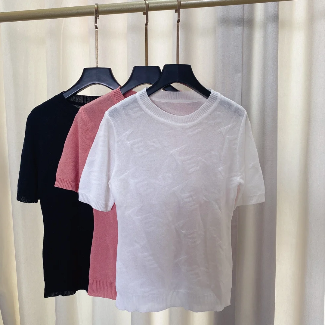 

2022 Fashion sexy Women embroidered monogram Jacquard Top short sleeve high grade silk cotton knit summer O collar T-shirt