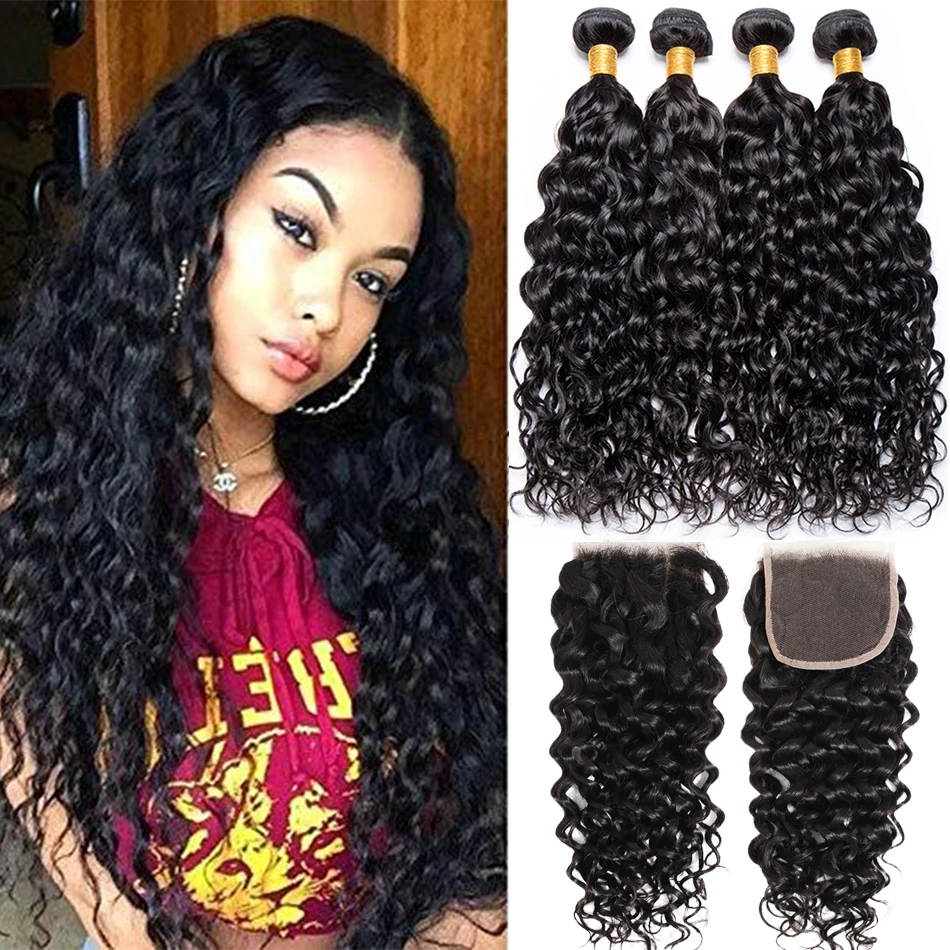 12A Brazilian Virgin Human Hair Water Wave Bundles With Closure Wet and Wavy Wet and Wavy Curly Human Hair Bundles with Closure